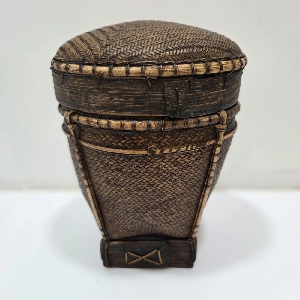 CHINESE ASIAN RICE BASKET Woven‎ Dark Wicker Bamboo Unique Design